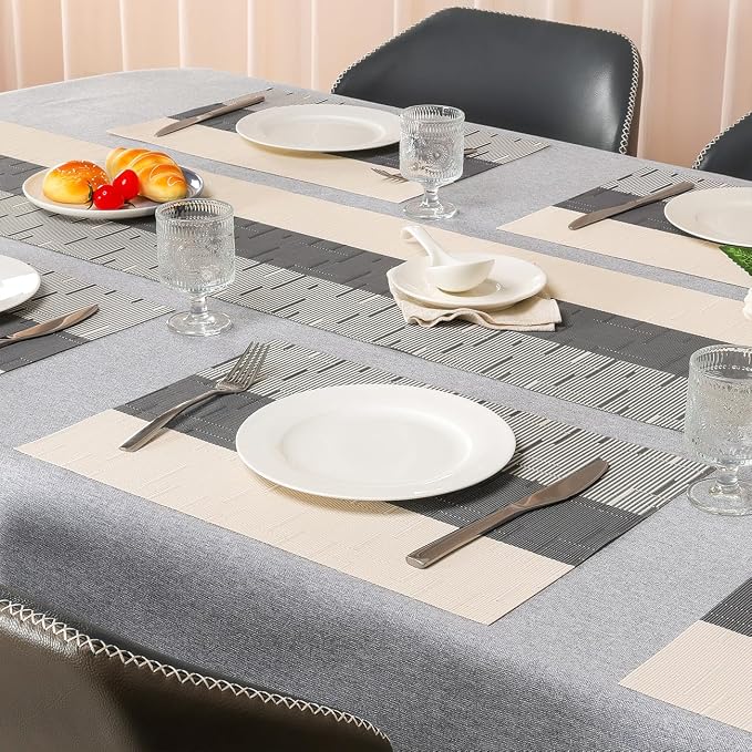 Placemats Set of 4, Vinyl Woven Place Mats Indoor Set of 4 Washable Wipeable PVC Table Mats Heat-Resistant Non Slip Placemat for Kitchen Dining Outdoor Table (Beige Dark Gray, Set of 4)