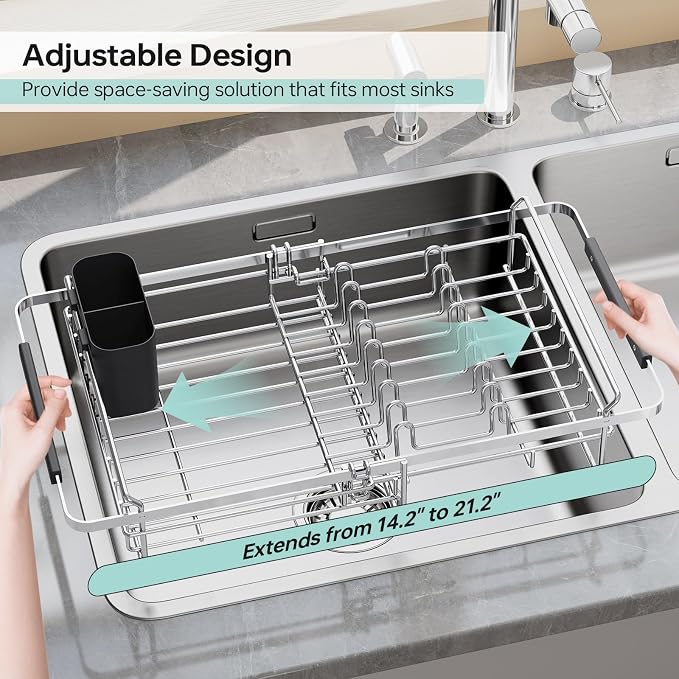 Urackify Dish Drying Rack in Sink - 304 Stainless Steel Expandable (14.5''-18''L) Over The Sink Dish Rack with Utensil Holder, Space-Saving Dish Drainer for Kitchen Counter, Silver