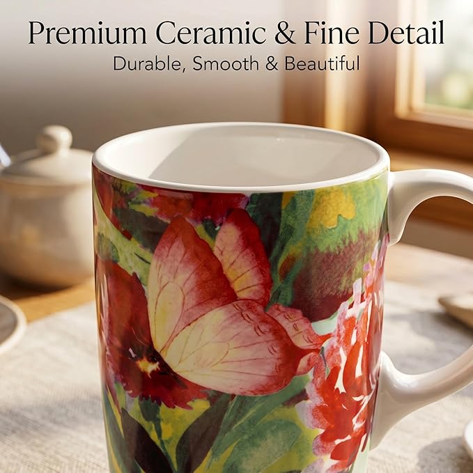 DUSVALLY 17oz Ceramic Coffee Mug with Lid & Handle – Large Travel Mug for Men Women, Microwave & Dishwasher Safe, Red Flowers – Ideal for Office, Home & Gift Giving