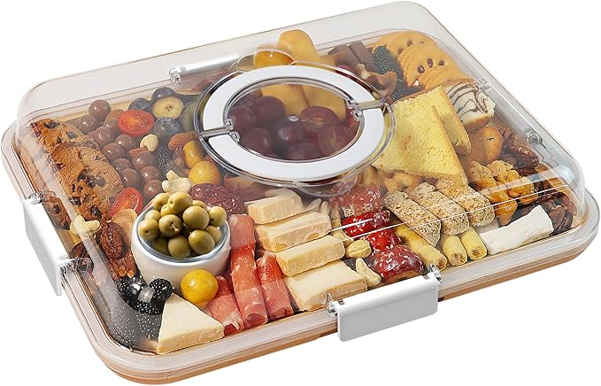 Renmxj Charcuterie Board with Clear Lid, Travel Portable Cheese Board Charcuterie Boxes Cutting Boards for Kitchen, House Warming Gifts New Home, Gifts for Women (White, 6 Compartments)