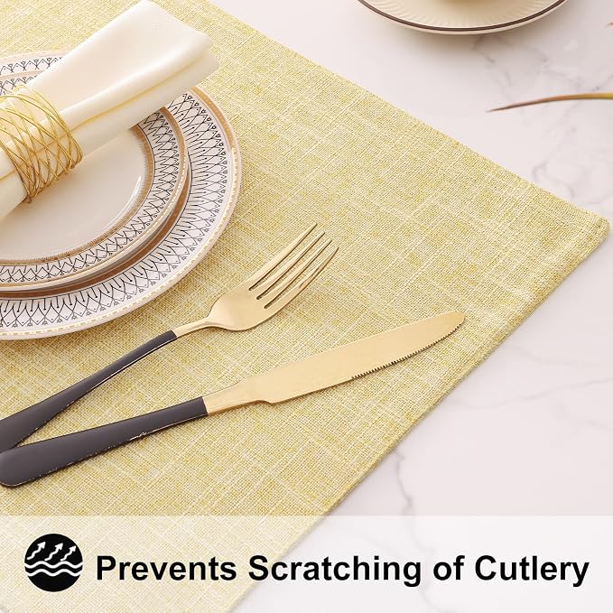 homing Faux Cotton Linen Placemats Set of 6, Cloth Washable Farmhouse Dining Table Mats for Indoors & Outdoors, Easy to Clean, Lemon Yellow, 13 x 19 Inch
