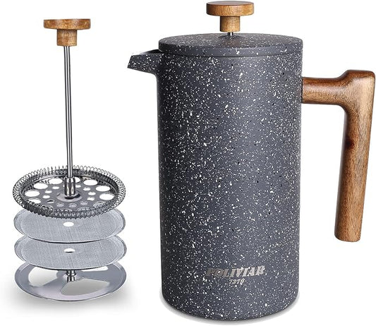 POLIVIAR French Press Coffee Maker, 34 Ounce Coffee Press with Real Wood Handle, Double Wall Insulation & Dual-Filter Screen, Food Grade Stainless Steel for Good Coffee and Tea (Lava) | Real Wood Handle Coffee Press, Double Wall Insulation, Dual-Filter...