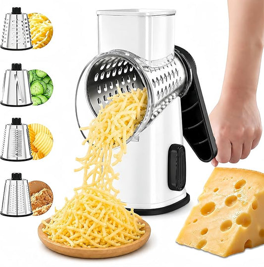 VEKAYA Rotary Cheese Grater Hand Crank with 4 Interchangeable Stainless Steel Blades, Large Manual Handle Shredder and Waffle Slicer for Vegetables, Cheese and Nuts with Table Suction Base(White)