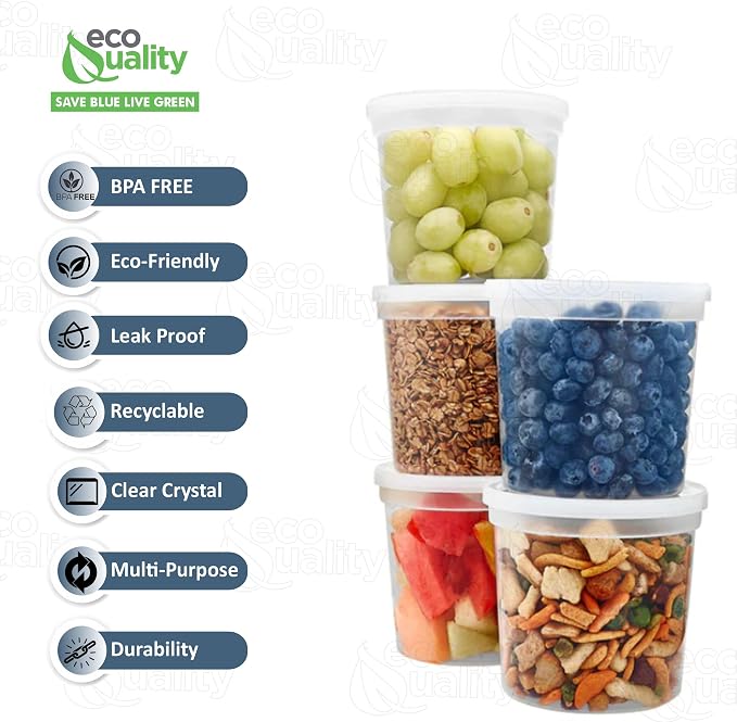 EcoQuality 24oz Clear Round Plastic Container with Lid - Disposable and Reusable Storage Containers for Leftovers, Meal Prep, Takeout, Catering, Picnics and Everyday Use (15)
