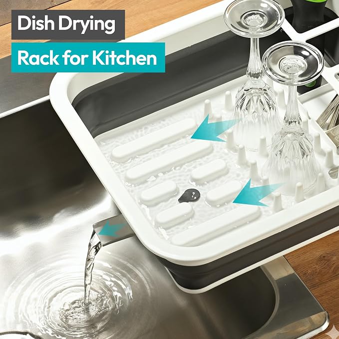 Masirs Pop-Up Collapsible Dish Drying Rack - Convenient Storage - Drains into Sink - Eight Large Plate Capacity - Sectional Cutlery and Utensil Compartment - Compact & Portable Design (12 x 14.4 Inch)