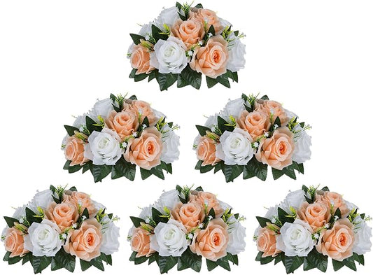 BLOSMON Rose Flower Balls Centerpieces: 6pcs Peach Fuzz Artificial Flowers | 9.5 Inch Fake Rose Floral Arrangements for Wedding Table - Faux Silk Kissing Bouquet with Base Party DIY Decorations