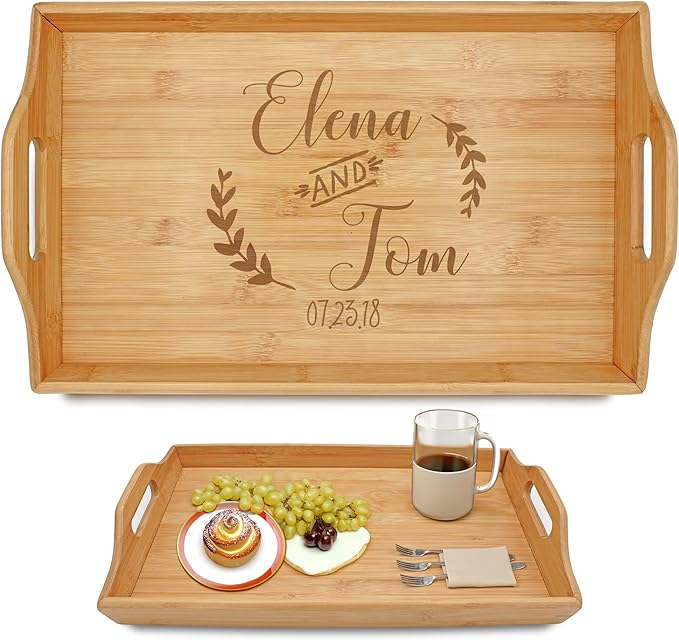 Personalized Bamboo Wood Serving Tray with Handles, Engraved Wooden Trays, Wedding Gifts, Housewarming Gifts (Elena & Tom)