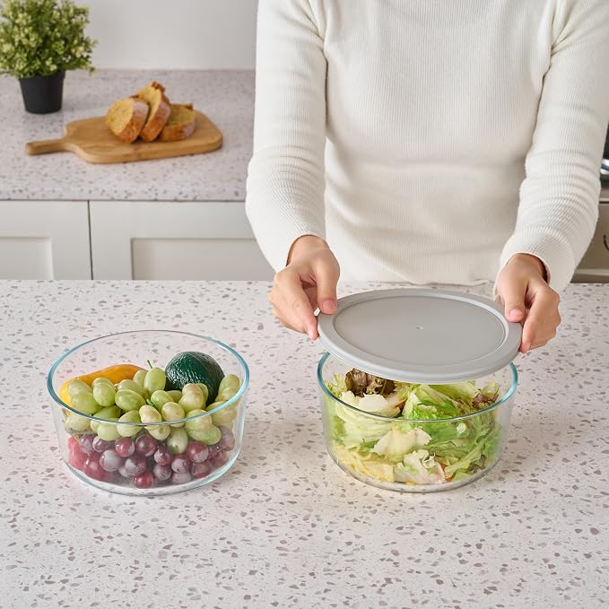 8-Piece Glass Food Storage Containers Set (4 Containers + 4 BPA-Free Lids) | 6.5-Cup, Leakproof | Microwave, Freezer, Oven & Dishwasher Safe | Ideal for Meal Prep & Pantry Organization, Grey