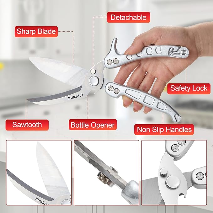 Kitchen Scissors All Purpose Kitchen Shears Heavy Duty for Cutting Chicken, Turkey, Meat, Bones, Vegetables Stainless Steel Spatchcock Shears Multipurpose Food Scissors (Grey)