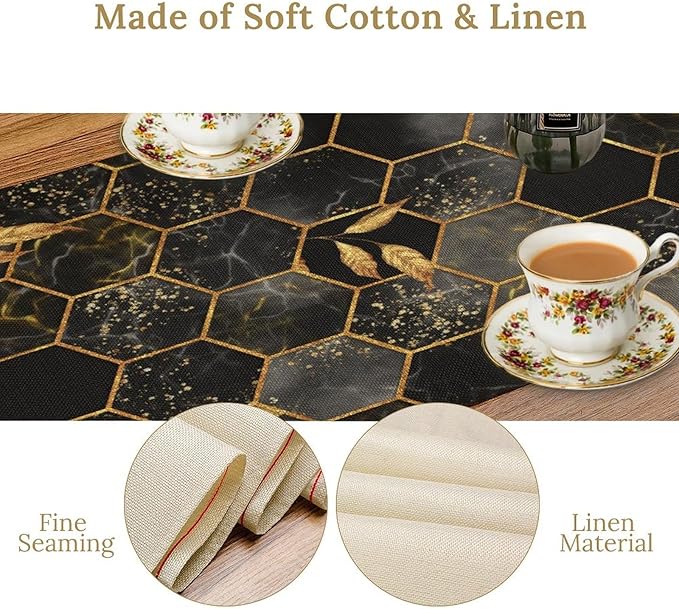 Marble Table Runner, Black and Gold Abstract Geometry Hexagon Modern Luxury Texture Printed Linen Table Runners for Living Room Kitchen Dining Room Party Holiday Decor 13" W x 60" L