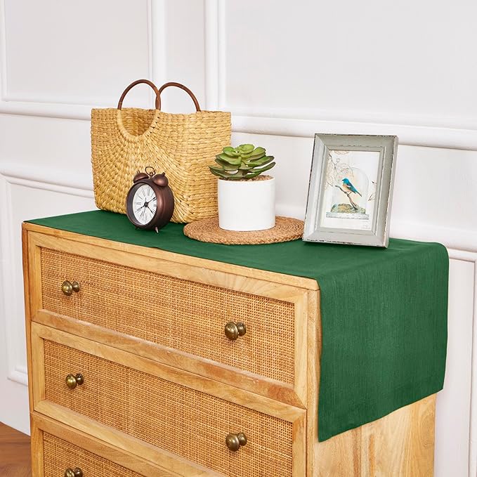 Solino Home Linen Table Runner 60 Inches - 100% Pure Linen Pine Green Table Runner 14 x 60 Inch Ideal for Dresser and Coffee Tables - Fete