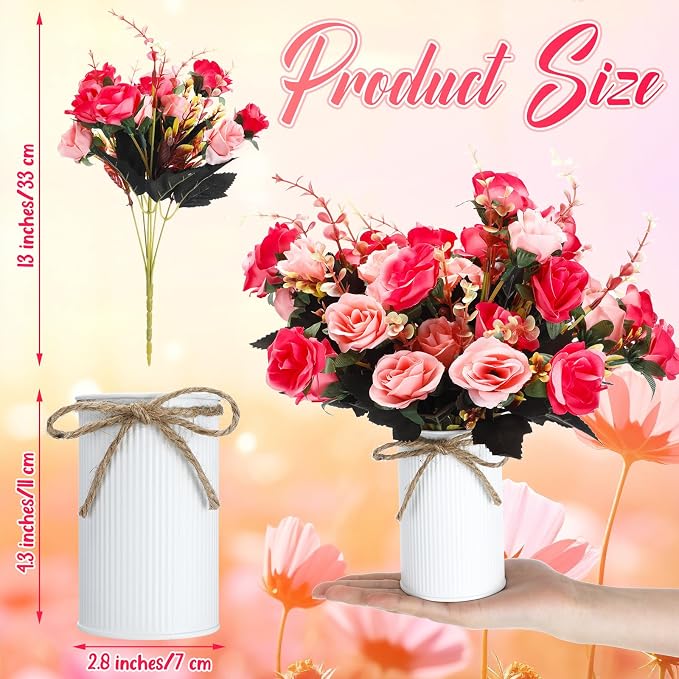Domensi 6 Sets Wedding Centerpiece for Table Artificial Rose with Vase Fake Bouquets and Metal Pot Flower Arrangements for Bridal Shower Birthday Party Event Table Decor (Rose Red)