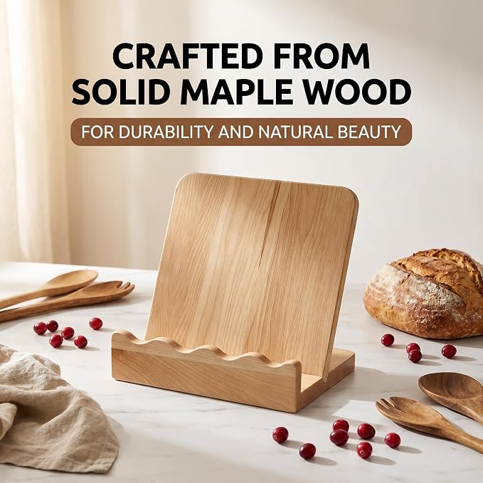 2-in-1 Wooden Cookbook Stand & Cutting Board, Maple Kitchen Decor | Type: Cookbook Stand + Removable Cutting Board | Material: Solid Maple Wood | Design: Scalloped Edge, Artistic Flair |