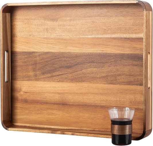 GinSent Large Ottoman Tray Wooden Serving Tray with Handles, Rectangle Big Wood Tray for Living Room Ottoman Coffee Table Counter Decor, Kitchen Versatile Tray for Food Breadfast Party Picnic