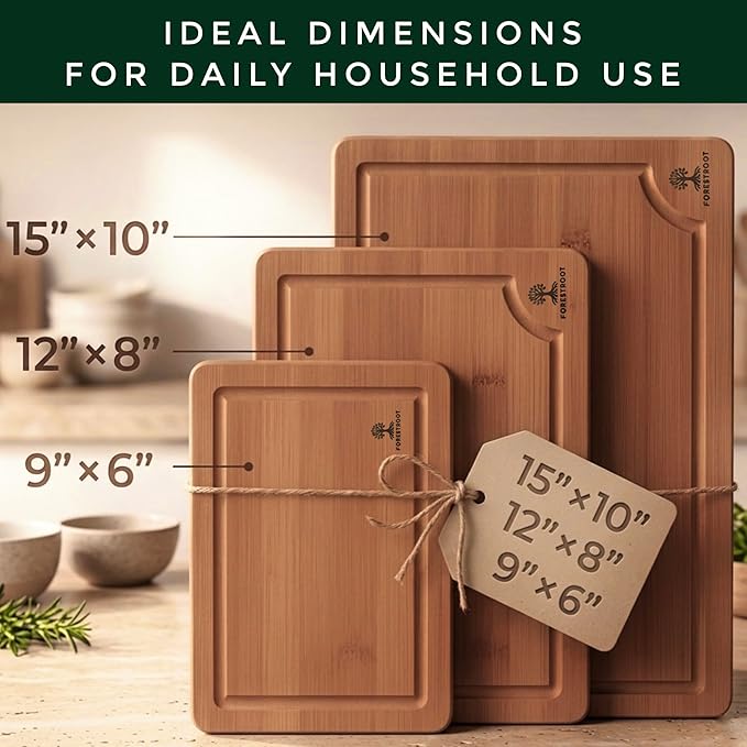 Bamboo Cutting Board Set – 3-Piece Wooden Kitchen Boards for Meal Prep & Serving – Durable Bamboo with Deep Juice Groove & Side Handles – Great for Meat, Vegetables & Charcuterie (Brown)