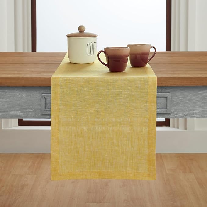 Solino Home Linen Table Runner 156 Inches Long - Athena, 100% Pure Linen Chambray Lemon Yellow Table Runner 14 x 156 Inch for Dining, Spring, Summer