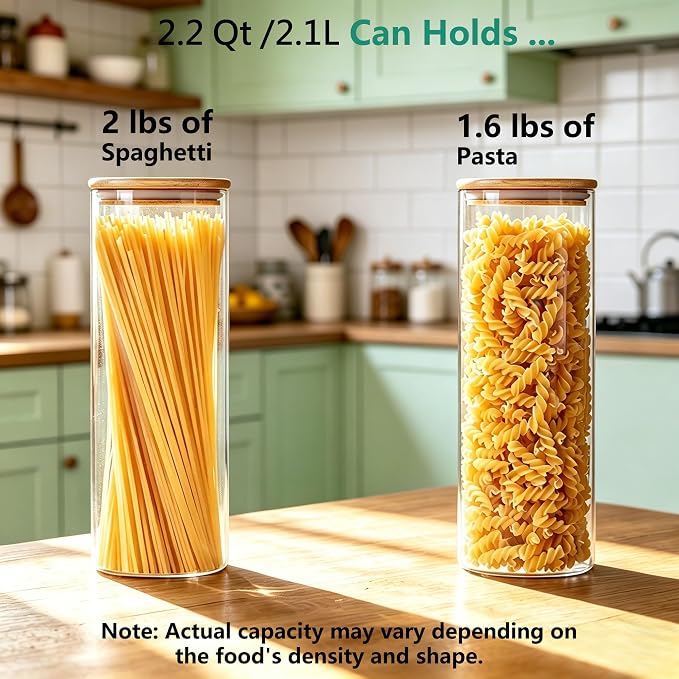 VIEWELLD 2.2 Qt Square Glass Storage Containers with Lids, Clear Food Storage Container Jar with Sealing Bamboo Lid Storage Containers for Pasta, Oats, Coffee, Flour, Sugar, Square Set-3Pack
