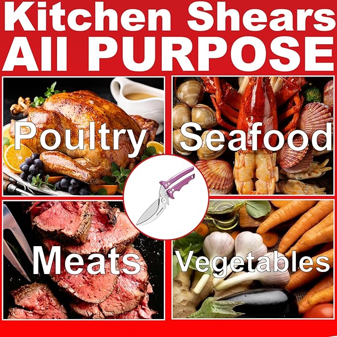 Heavy Duty Poultry Shears - Kitchen Scissors All Purpose, Chicken & Fish Shears, Easily Separable, Dishwasher Safe (Purple)