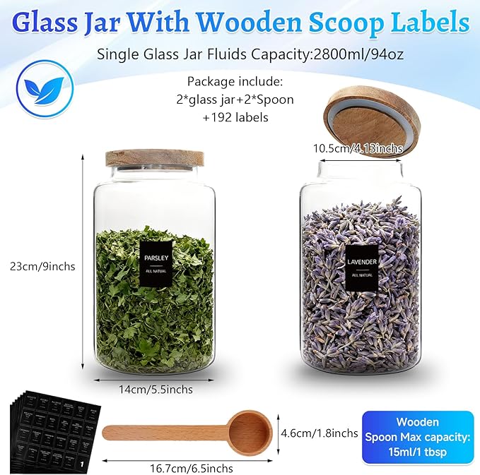 Glass Storage Jar with Bamboo Lids Spoons Glass Coffee Canister Borosilicate Glass Food Container for Coffee Beans Nut Pasta Sugar Candy Spice Rice Loose Tea (2800/94oz-2pack)