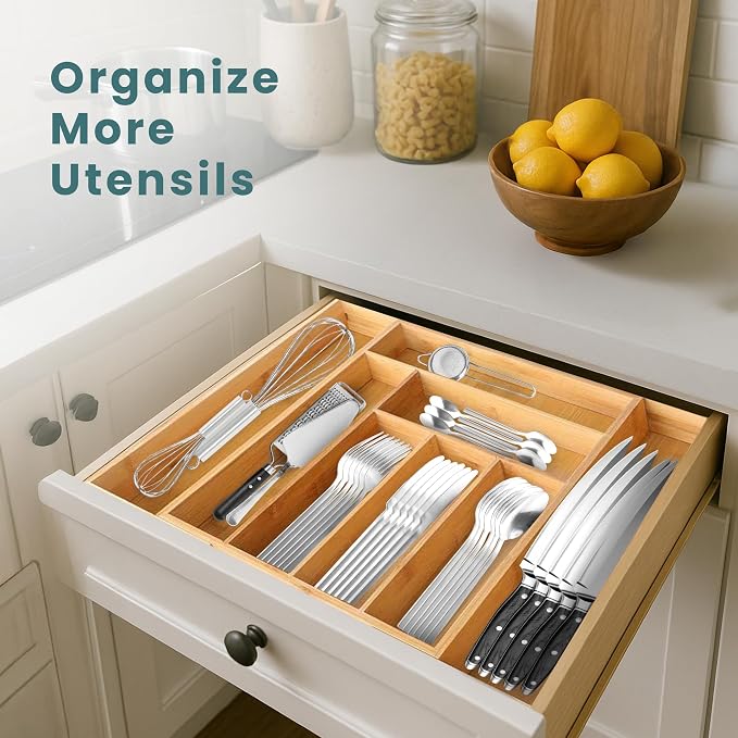 Sben Expandable Drawer Organizer for Utensils Holder, Adjustable Cutlery Tray, Wood Drawer Dividers Organizer for Silverware, Flatware, Knives for Kitchen (Bamboo, Medium)