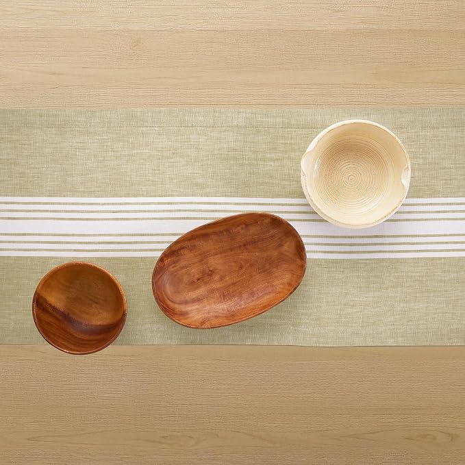 Solino Home Stripe Linen Table Runner 144 Inches Long - 100% Pure Linen White and Pale Khaki Farmhouse Table Runner 14 x 144 Inch for Dining, Summer