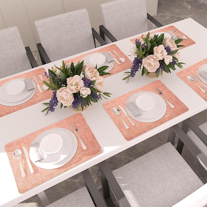 Maxpearl Faux Leather Placemats Set of 6 - Waterproof - Wipe Clean - Heat Resistant - Anti Slip Dining Table Place Mats, Suitable for Indoor & Outdoor Use, 17’’×12’’, Pink