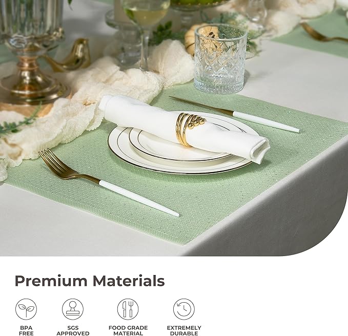 Leetaltree Sparkling Crisp Green Sequin Woven Vinyl Placemats, Set of 12 - Waterproof & Washable Dining Table Mats for Wedding, Anniversary, Daily Use, Hand-Cut