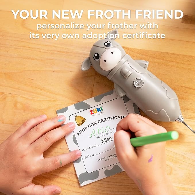 Zulay Kitchen Cow Milk Frother Wand – Cutesy Frother, Meet Your New Frothing Buddy Misty The Cow, Adoption Papers and Stickers Included, Purrr-fect for Lattes, Cappuccino & Matcha – Gray