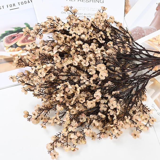 Waipfaru 15Pcs Fake Flowers Babys Breath Silk Artificial Beige Flowers Gypsophila Bouquets Bulk Real Touch Stems for Boho Home Living Room Decor DIY Floral Arrangement Table Centerpieces
