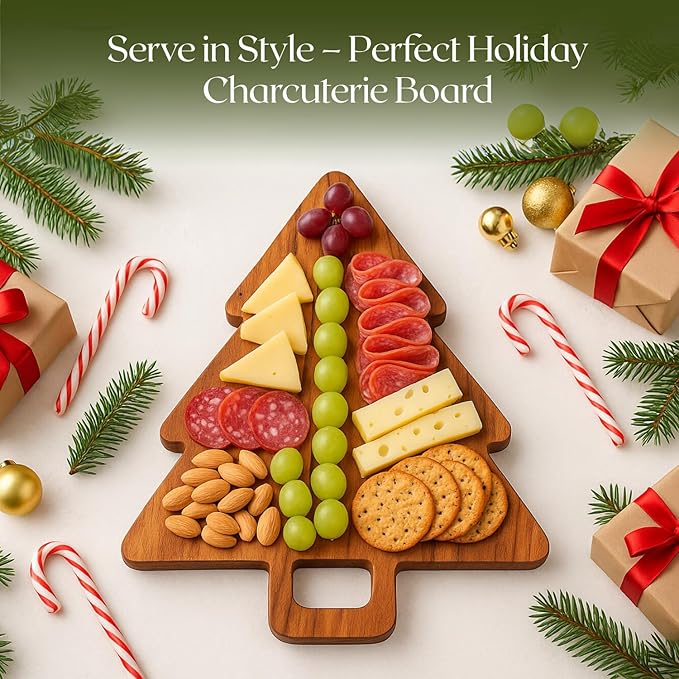 Aurah Acacia Wood Christmas Tree Cutting Board 14x11 Inch - Chopping Board with Handle, Xmas Cheese Appetizer Tray, Wooden Decorative Serving Platter for Kitchen & Holiday Party