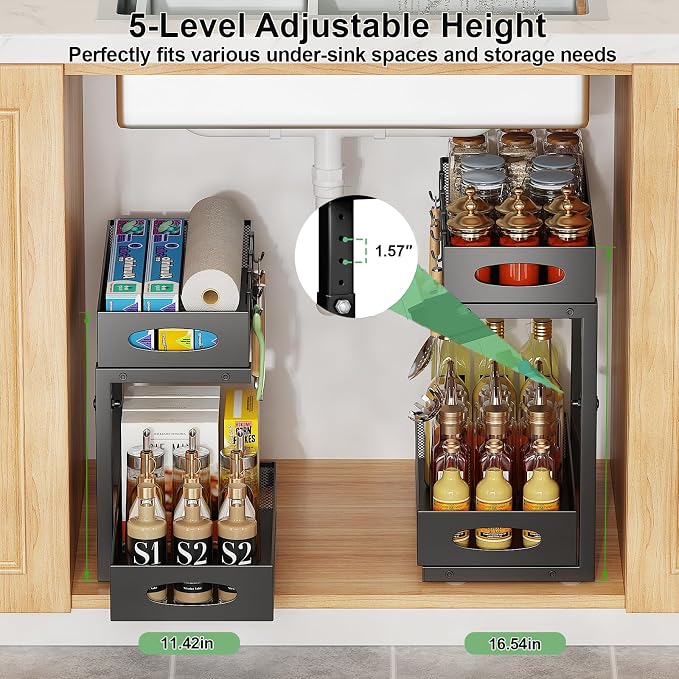 Under Sink Organizer, Pull Out Cabinet Organizer, Black | Rustproof Carbon Steel, 2 Tier Mesh Sliding Drawers, 5-Level Height Adjustable to Bypass Pipes, for Kitchen Bathroom Laundry