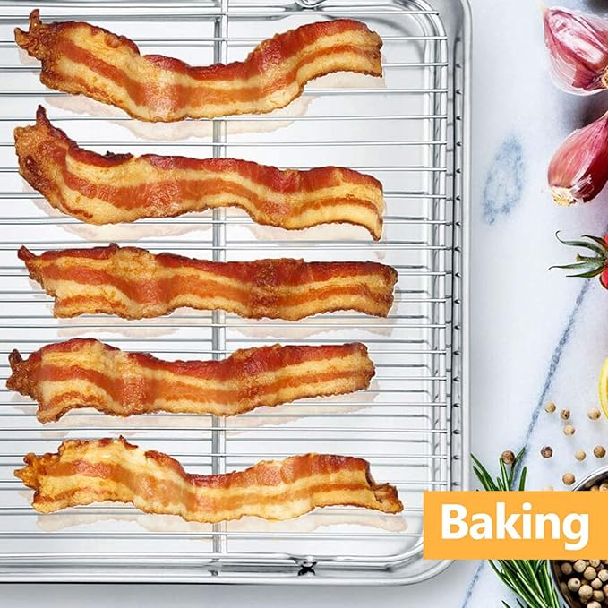 Baking Cooling Rack Set of 2, E-far 16.5"x11.5" Stainless Steel Metal Roasting Cooking Racks, Fits in Half Sheet Cookie Pans, Non Toxic & Rust Free, Oven Proof & Dishwasher Safe