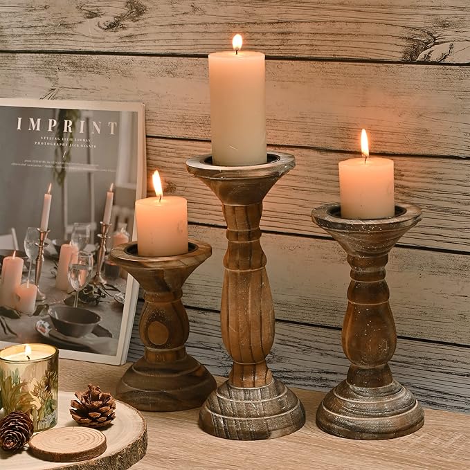 Yorkmills Pillar Candle Holder Set of 3, Farmhouse Decor Living Room Tall Candle Holders for Pillar Candles, Wood Candle Holders for Table Centerpieces Brown Home Decor Kitchen Dining Room Table Decor