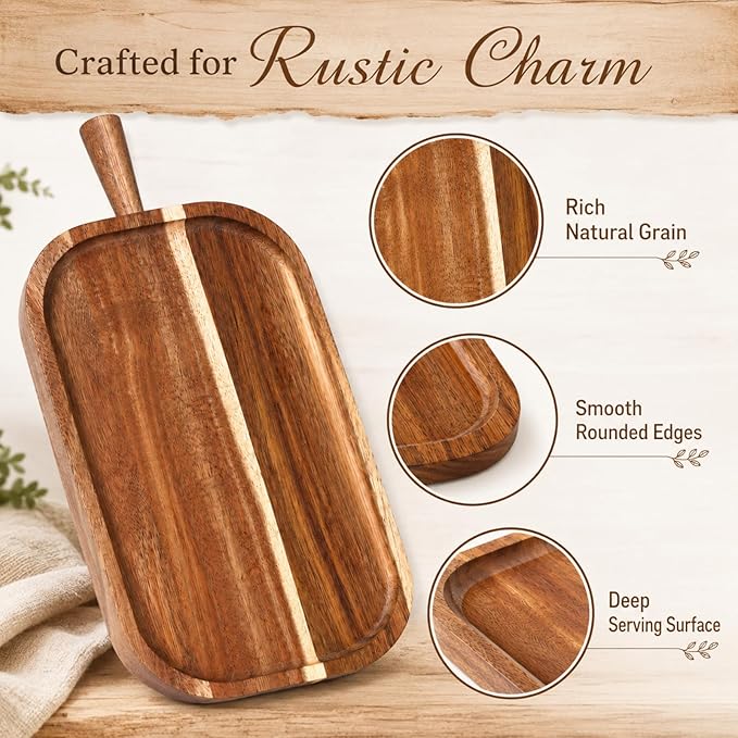 Acacia Wood Serving Board with Raised Tapered Handle, Small Charcuterie Board for Two, Rectangular Cheese Tray for Snacks, Fruit, Meat, Bread, Appetizer, Mom Gift(16''l X 7.65''w X 1.25''d)