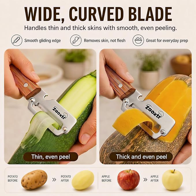 2-in-1 Multifunctional Vegetable Peeler with Bottle Opener, Wide Stainless Steel Blade and Non-Slip Wooden Handle, Kitchen Peeler for Potato, Apple, Pumpkin, Fruit and Vegetables 2pcs