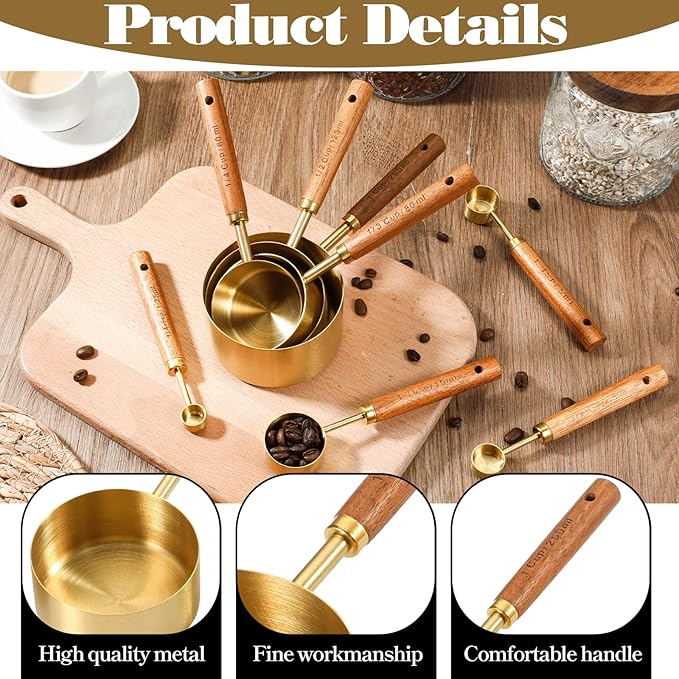 SHENLIU 8 Pcs Gold Measuring Cups and Spoons Set, Black Stainless Steel Measurings Cups with Wooden Handle, Metal Measuring Spoons and Measurings Cup Set for Kitchen Cooking Baking