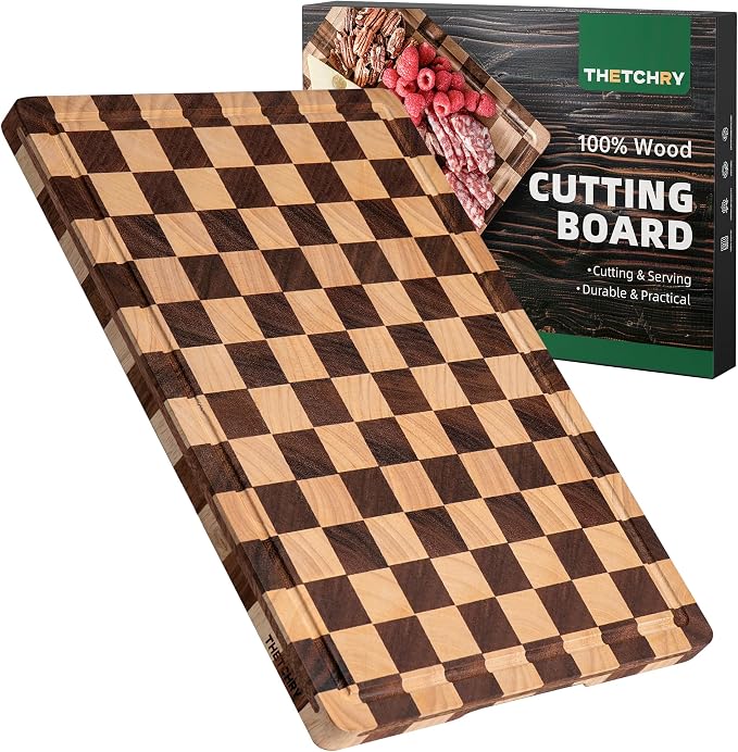 THETCHRY Cutting Boards for Kitchen, Checkered Wooden Chopping Board Structural Upgraded, Walnut Cutting Board with Juice Grooves & Handles, Butcher Block Serving Tray with Gift Box, 17"X 12"X 0.8"