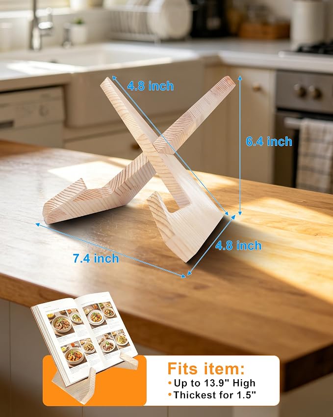 Cookbook Stand for Kitchen, Wooden Cookbook Holder, Rustic Cook Book Holder Stand with Natural Wooden Grains, Recipe Book Holder for Kitchen Counter Gift for Home Chefs Cook Lovers
