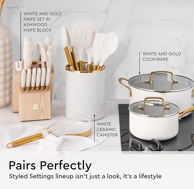 Gold Kitchen Utensils Set – 6 PC White Silicone and Gold Cooking Utensils with Spatula, Whisk, Tongs, Spoons, Cooking Tools for Nonstick Cookware – Luxury Kitchen Accessories for Home Chefs