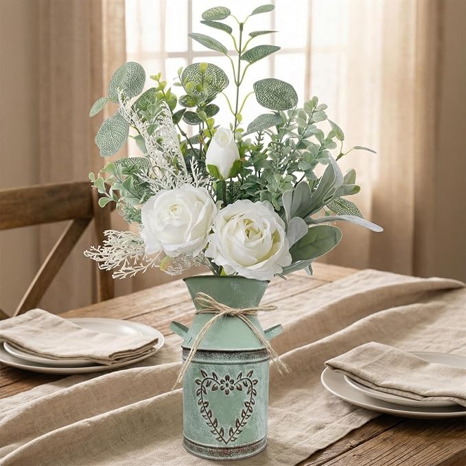 Faux Flowers in Vase 17.5" H Artificial Silk Roses Flower Fake Plants Eucalyptus Arrangement in Metal Vase Faux Silk Floral for Dining Table Centerpieces Home Office Decoration (White/Green Vase)