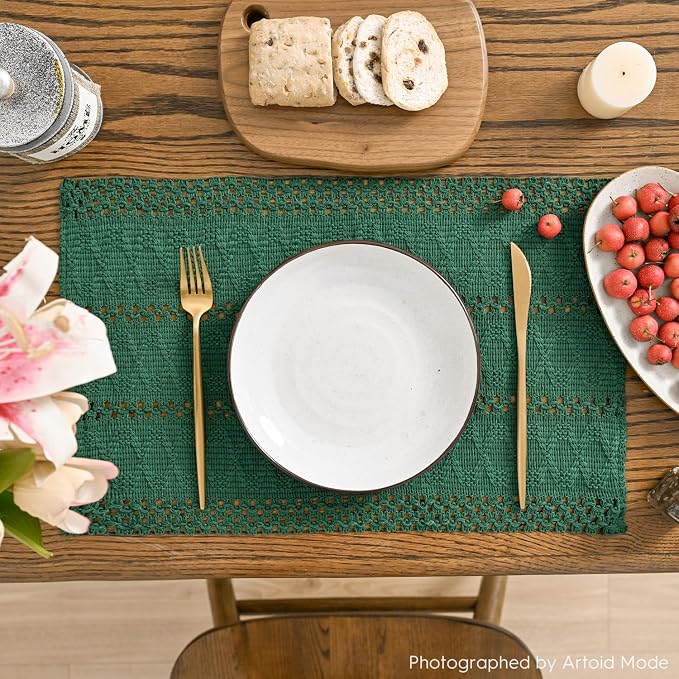 Artoid Mode Dark Green Farmhouse Woven Rustic Hollow Placemats Set of 6,12x18 Inch Seasonal Holiday Table Mats Party Kitchen Dining Decoration