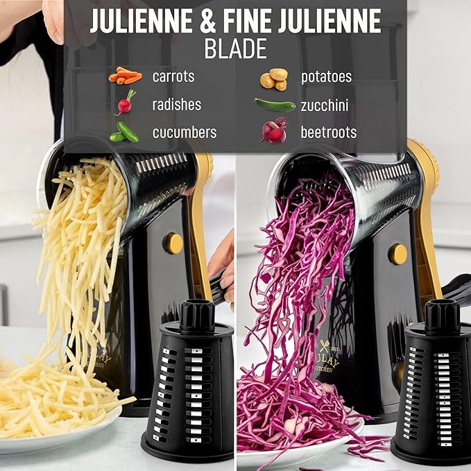 Zulay Kitchen Rotary Cheese Grater 5 Blade Cheese Shredder - Manual Hand Crank Cheese Grater With Reinforced Suction & 5 Interchangeable Drums - Easy to Use, Vegetable Chopper Round Mandoline Slicer