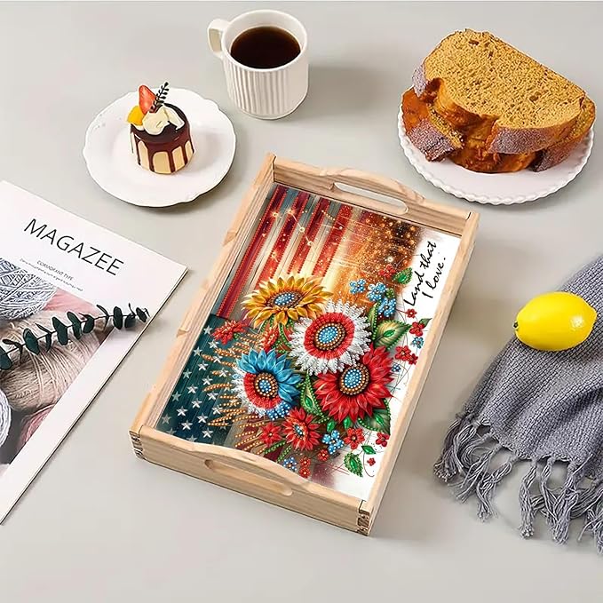 DIY Diamond Art Painting Serving Tray Creative Design Handmade Wooden Rectangular Snack Tray Dinner Plate Drill Craft for Coffee Living Room Home Organizer-USA Sunflower