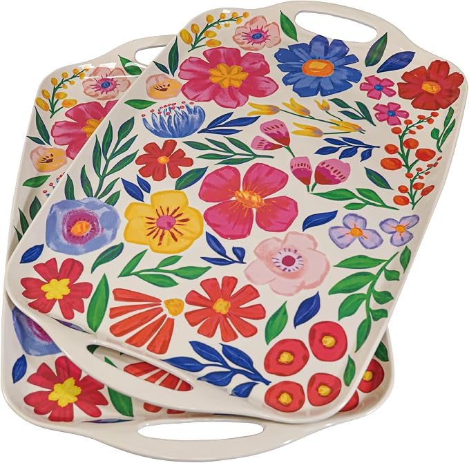 TP Large Serving Trays with Handles, 19" x 12" Melamine Serving Platters for Food, Turkey, Set of 2 Rectangular Trays for Party, Floral