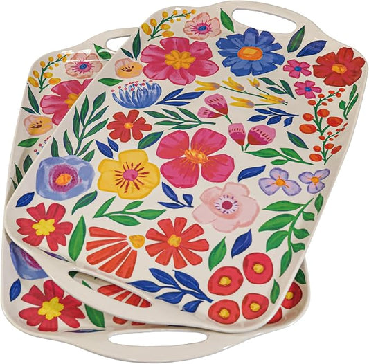 TP Large Serving Trays with Handles, 19" x 12" Melamine Serving Platters for Food, Turkey, Set of 2 Rectangular Trays for Party, Floral