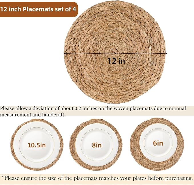 Round Woven Placemats Set of 4, 12" Boho Rattan Chargers for Dinner Plates, Natural Farmhouse Weave Place Mats, Rustic Braided Wicker Table Mats for Dining Table, Home, Outdoor