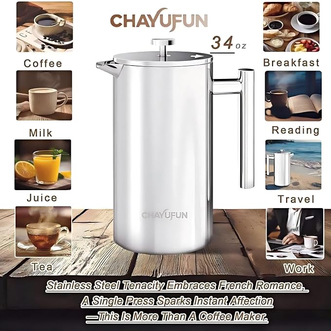 Stainless Steel French Press Coffee Maker, 34oz/1L, 5 Pack Filter | 304 Rust-Proof Metal Press, Thermal Insulated, Heat-Resistant Ergonomic Handle, BPA Free, Dishwasher Safe