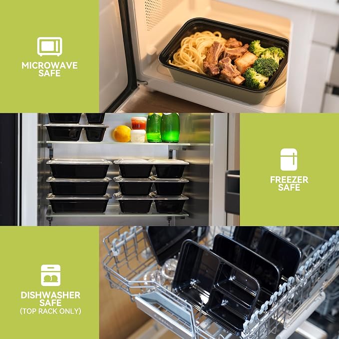 LISI 100-Piece Meal Prep Containers, 33oz Large Food Storage Containers with lids with 1, 2, 3-Compartment, Freezer Safe To-Go/Take-Out Boxes, Includes 5-Pack 2oz Dressing Cups for Take Out