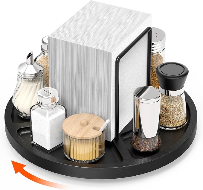 Napkin Holder for Table, Rotating Napkin Dispenser with Salt and Pepper Shakers Storage, Standing Paper Napkin Organizer for Kitchen Dining Table Decor (1, Black Round)