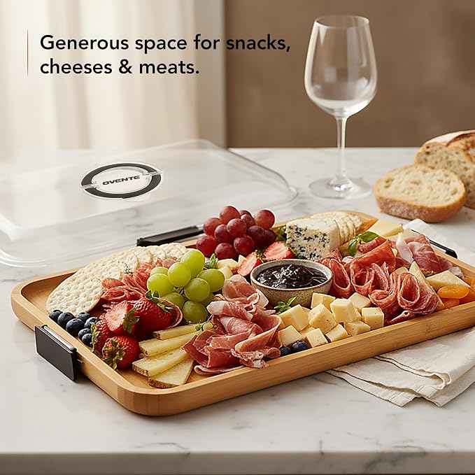 OVENTE Charcuterie Board with Clear Locking Lid and Black Handles, 16.5" x 12.6" Bamboo Food Serving Tray, Portable Cheese Cutting Board for Entertaining or Picnic, House Warming Gifts, Brown B011713B